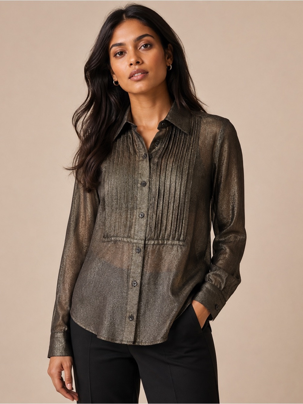 Lauren Ralph Lauren Petite Gold Metallic Pintuck Button Front Sheer Blouse PS
